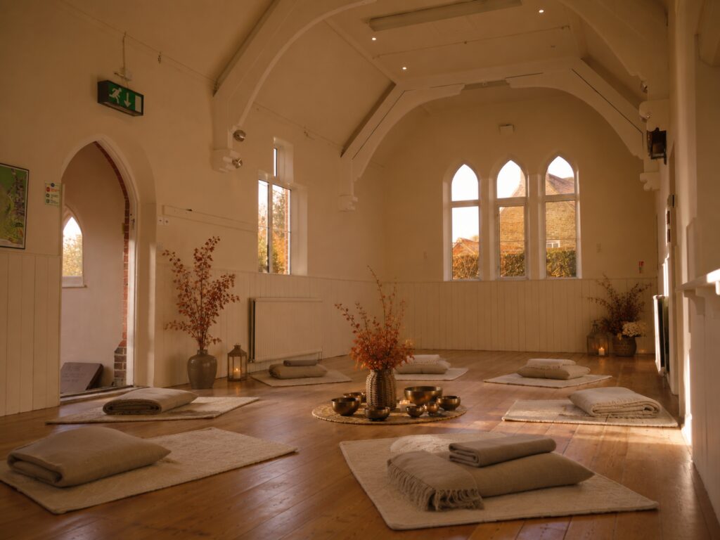 Yoga, Nature & Sound cushions, singing bowls and warm lights